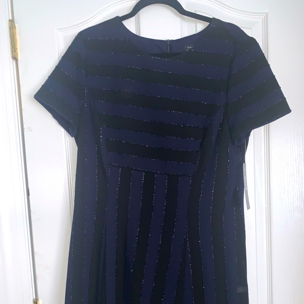 Tahari midi dress with black/blue/silver accents (Size 14)